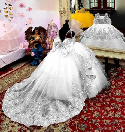 Custom Flower Girl Dress First Christmas Dress Wedding Party Gown Mint Green Lace Beaded Train Kids Evening Dress فساتين