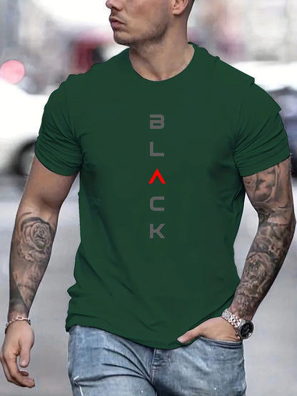Men's Summer Casual Loose Size 100% Cotton Black Print Round Neck Short Sleeve T-shirt Top