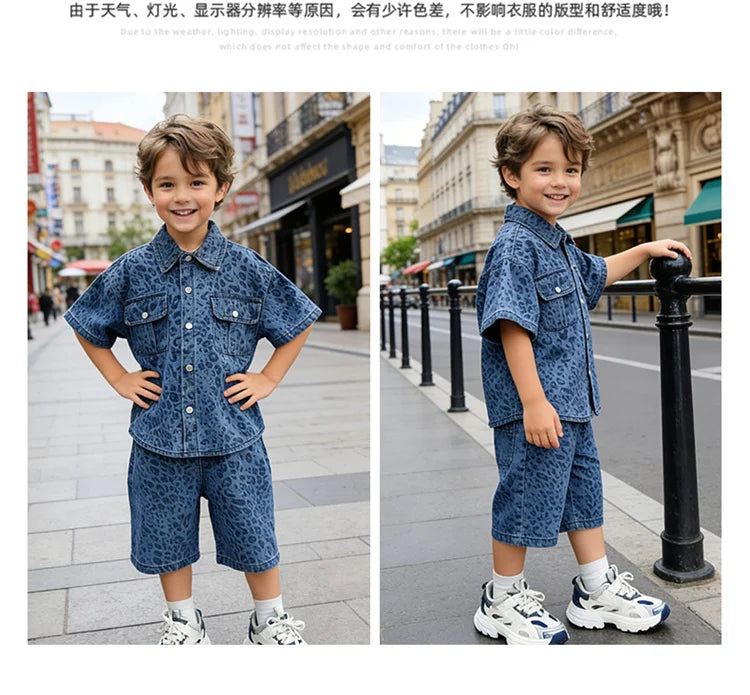 Trend Kids Boy Summer Leopard Denim Suit Two Piece Outfit Set y2k Denim Shirt And Shorts Clothing Set for Baby Child Streetwear