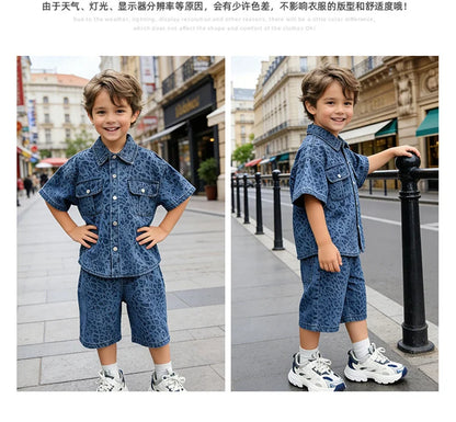Trend Kids Boy Summer Leopard Denim Suit Two Piece Outfit Set y2k Denim Shirt And Shorts Clothing Set for Baby Child Streetwear