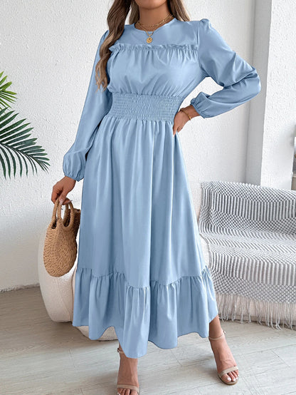 Autumn and Winter Casual Elegant Solid Color Round Neck Long Sleeved Waist Cinched Lotus Leaf Edge Dress Women Clothing