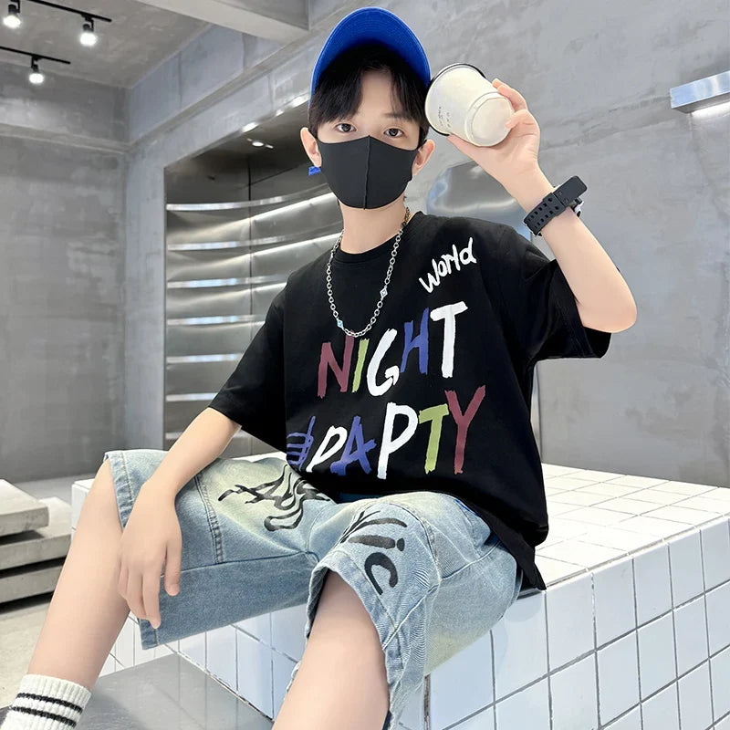 Luxurious Boys Set Summer Outfit Suit Age 5 6 7 8 9 10 11 12 13 14 Years Child Clothing Set Kids Letter T-shirt and Denim Shorts