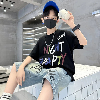Luxurious Boys Set Summer Outfit Suit Age 5 6 7 8 9 10 11 12 13 14 Years Child Clothing Set Kids Letter T-shirt and Denim Shorts