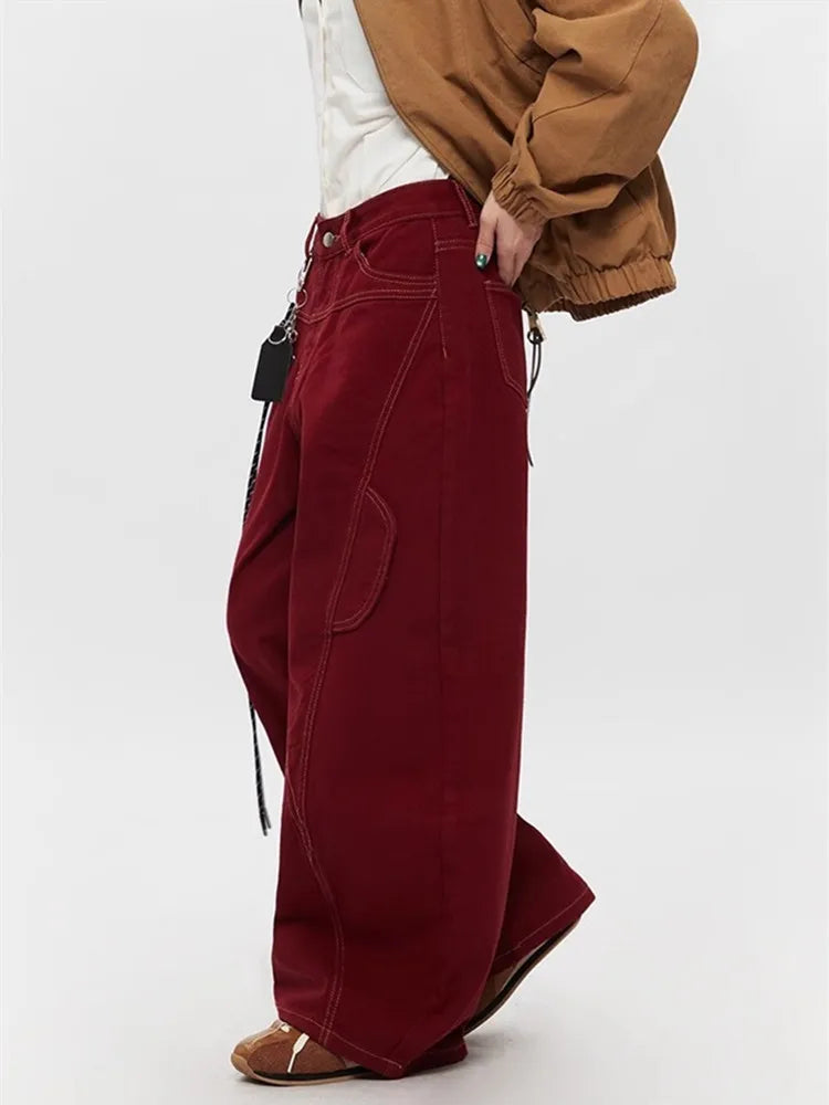 2025 Cyber Y2K Fashion Red Patchwork Baggy Cargo Jeans Pants For Men Designer Clothes Wide Leg Women Denim Trousers Ropa Hombre
