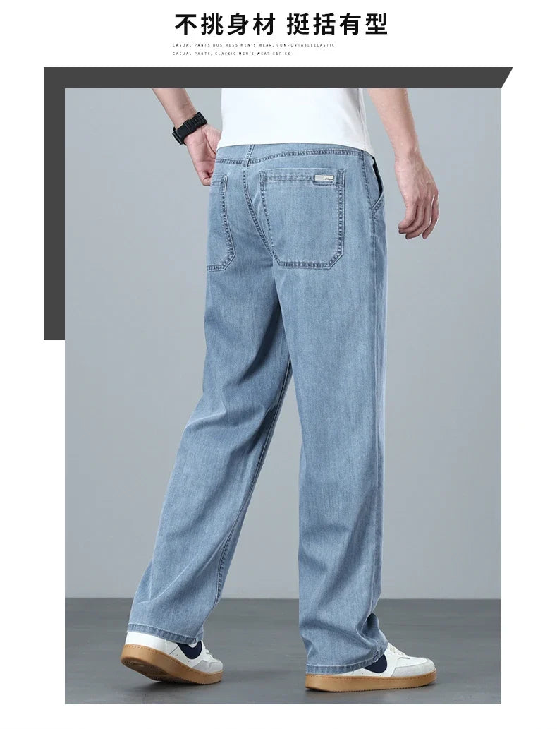 High Quality Spring Summer Lyocell Men's Jeans Loose Straight Wide Leg Casual With Slant Pockets Trousers Male  Plus Size 40