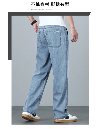 High Quality Spring Summer Lyocell Men's Jeans Loose Straight Wide Leg Casual With Slant Pockets Trousers Male  Plus Size 40