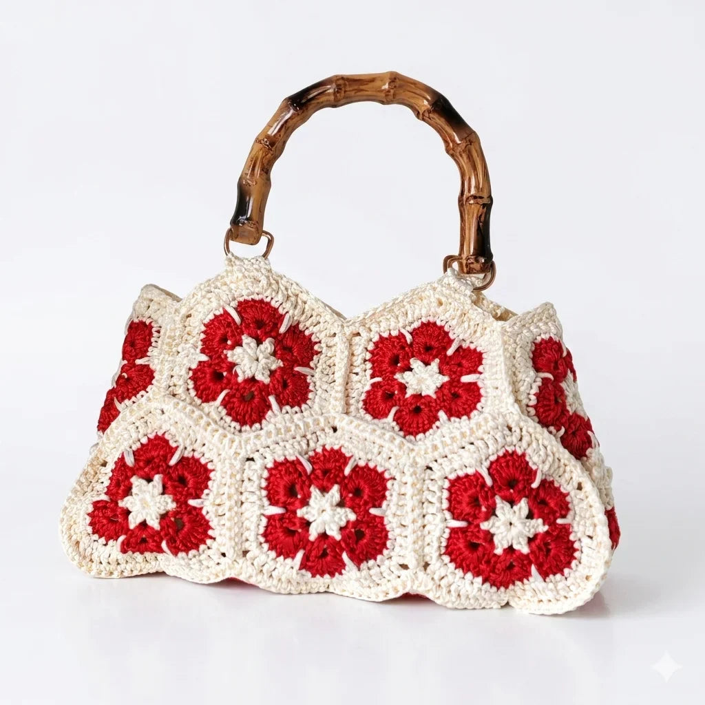 Handmade Crochet Granny Square Tote Bag with Bamboo-Style Handle, Vintage Woven Flower Pattern Shoulder Purse for Women