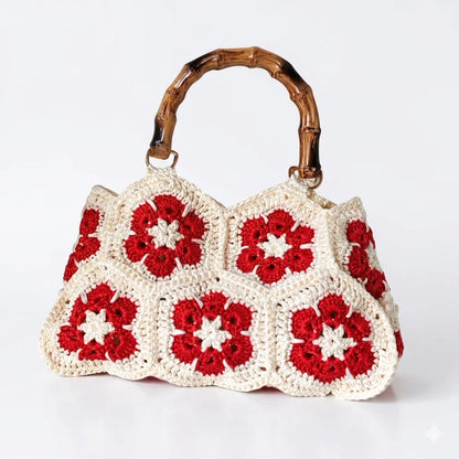 Handmade Crochet Granny Square Tote Bag with Bamboo-Style Handle, Vintage Woven Flower Pattern Shoulder Purse for Women