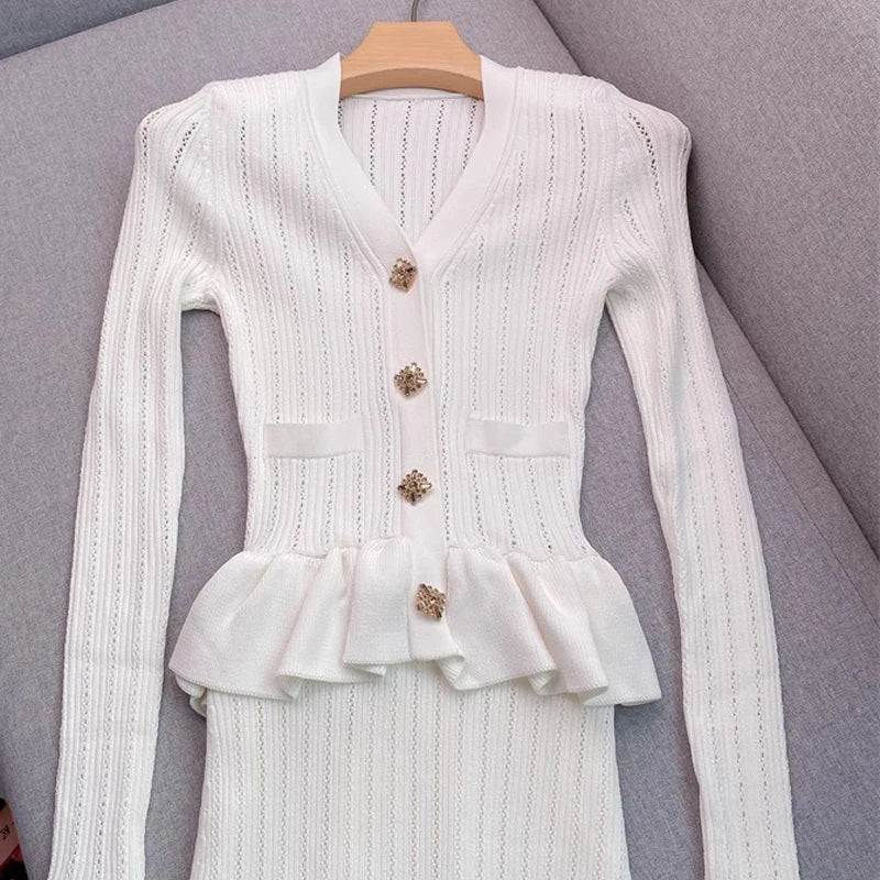 Brand Fashion One-piece Knitted Maxi Dress Women Elegant V-neck Ruffled Slim Waist Bodycon Sweater Dress Party Vestido