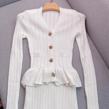 Brand Fashion One-piece Knitted Maxi Dress Women Elegant V-neck Ruffled Slim Waist Bodycon Sweater Dress Party Vestido