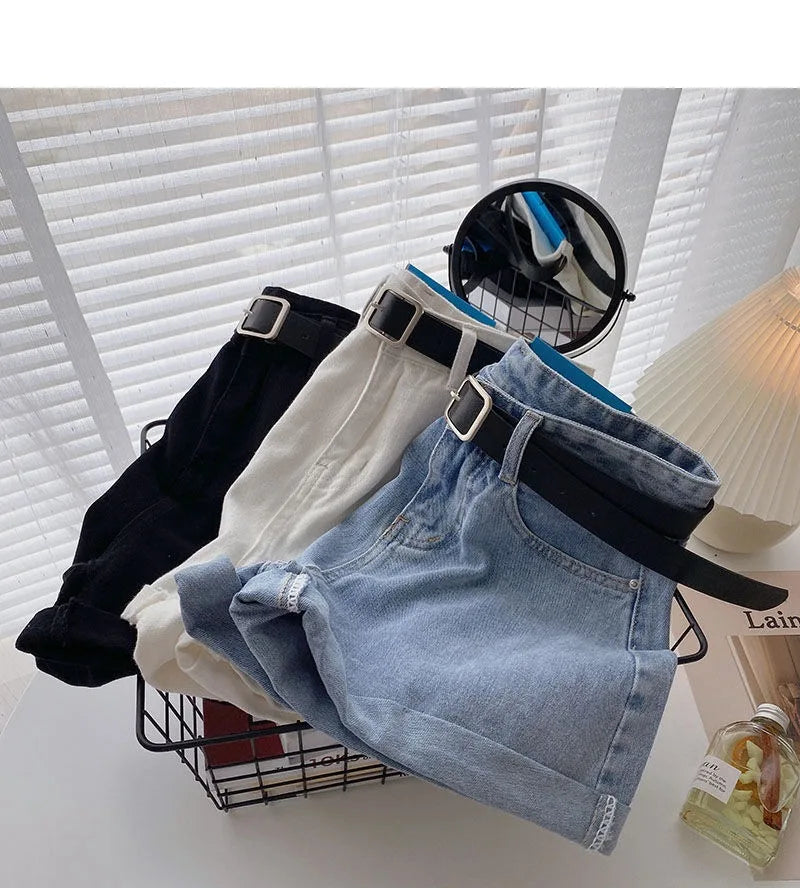 Korean Summer Wide Leg High Waist Denim Shorts With Belt Women Fashion Pocket Hot Pants Streetwear Casual Cowboy Jeans Shorts