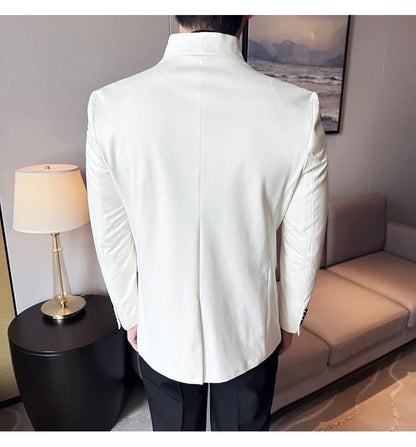 New Blazer Cowhide Velvet Korean Version Business Slim Fit Suit Stand Collar Fashionable Casual Suit Jacket Men Formal Clothing