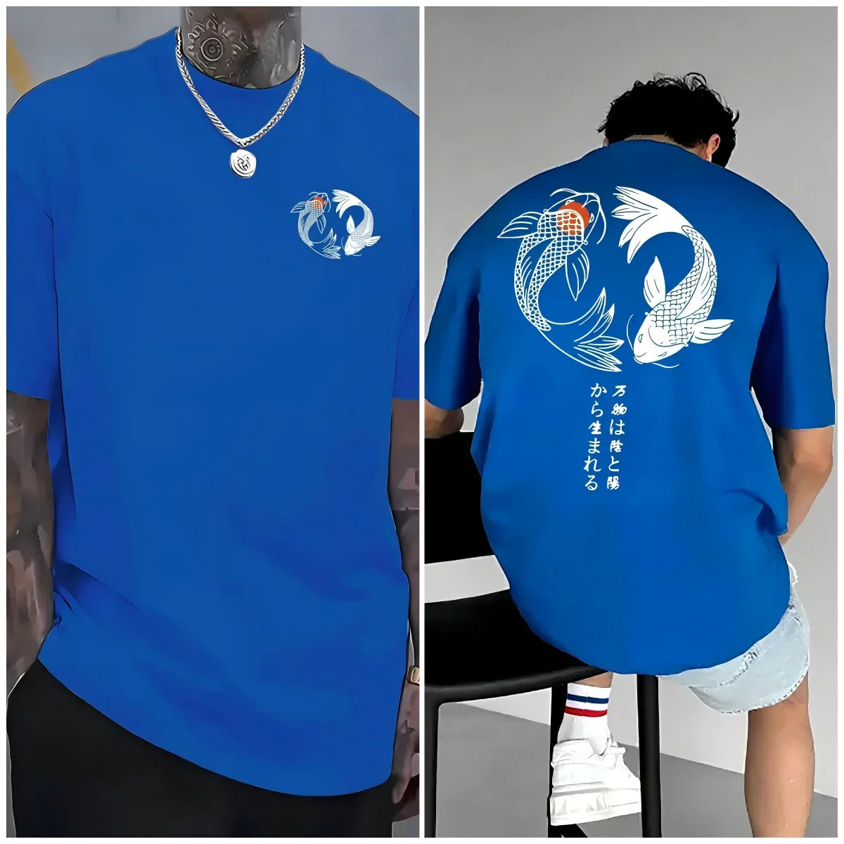 Japanese Koi Harajuku Illustration Pattern T-Shirt Men Summer Casual T Shirt Soft Fashion Short Sleeve Loose Cotton Sportswear