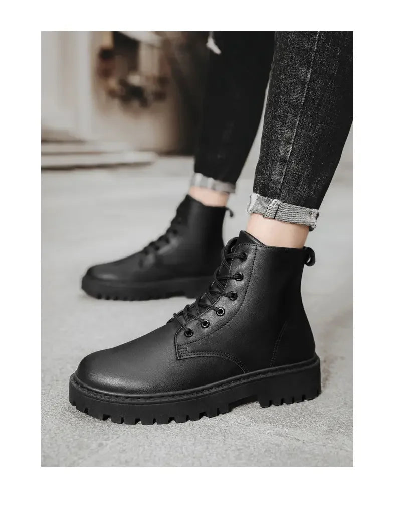 Men Shoes Autumn Anti Slip Waterproof High Top Black Lace Up Casual Leather Shoes Platform Boots Fashion Trend Motorcycle Boots