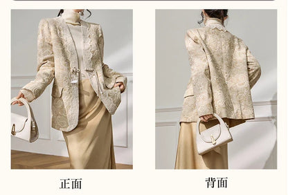 Women's Jacquard Blazer Lace Patchwork Frog Button Jacket Chinese Style Slim Fit Elegant Office Wear Spring Autumn Coat