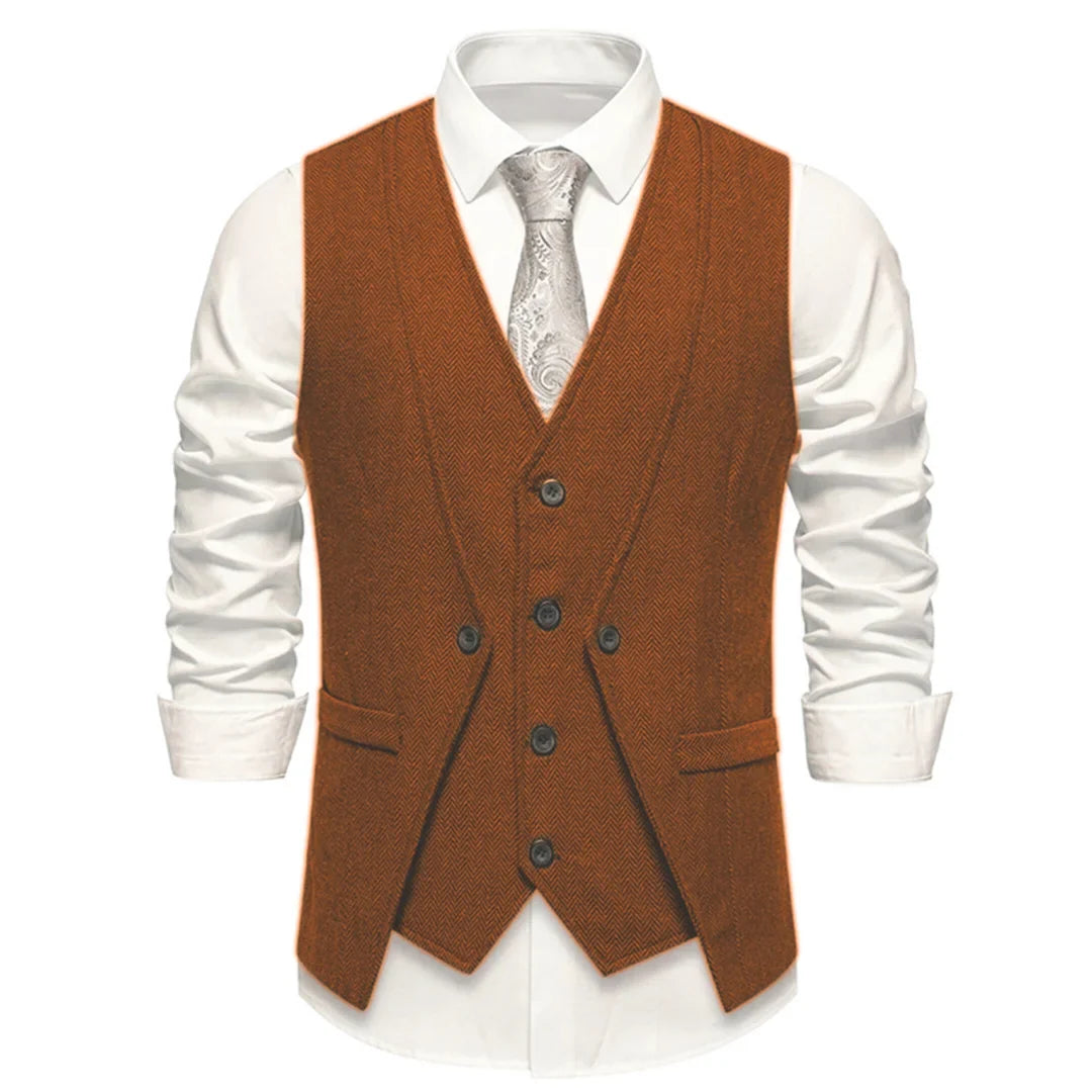 Men Vest Brown Herringbone Single Button V Neck Waistcoat For Wedding Banquet Office Business Work Casual Daily Men Suit Vest