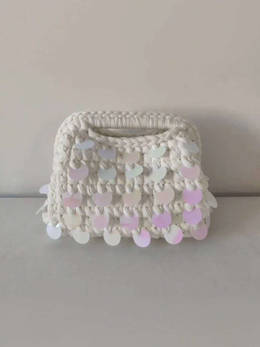 Yingzi Small Sequin Crochet Cluth Bag with Shine Paillettes Handmade Evening Bag Makeup Bag