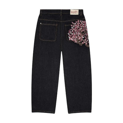 Autumn And Winter Men'S Jeans Japanese Korean Casual Straight Leg Pants Plum Blossom Embroidered Street Jeans Y2k Baggy Pants