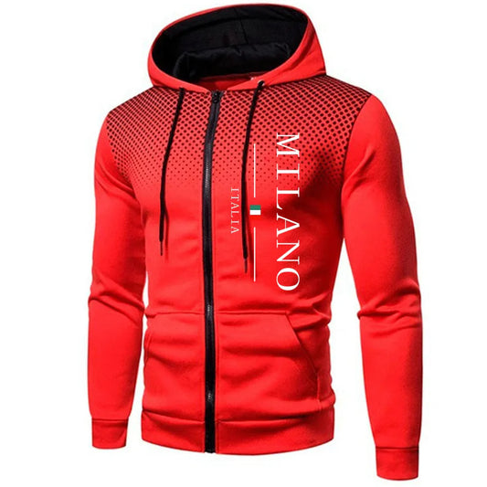 Italy Milan Print Men's Zip-up Hooded Outwear Fall Winter Male Daily Casual Sporty Jogging Hoodie Outdoor Motorcycle Riding Coat
