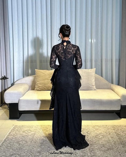 Customized Black Long Sleeve Lace Evening Dresses 2025 High Neck Elegant Women Party Dress Mermaid Floor Length Formal Gowns