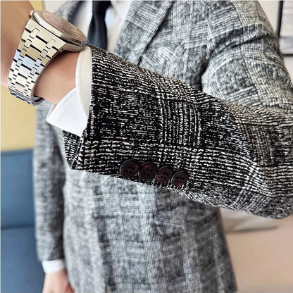 High Quality Meteor Grid Suit Jackets Men British Style Slim Fit Business Casual Fashion Blazers Formal Men Wedding Party Tuxeds