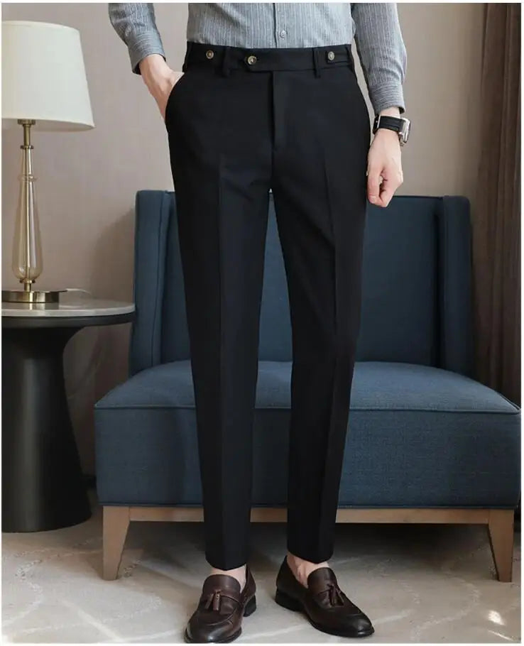 Pure Color Male Business Wedding Dress Pants Fashion Unique Design Men Waist Adjustable Suit Pant No Belt Slim Trousers Homme