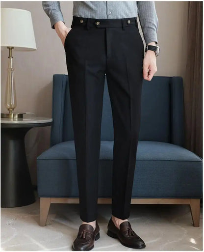 Pure Color Male Business Wedding Dress Pants Fashion Unique Design Men Waist Adjustable Suit Pant No Belt Slim Trousers Homme