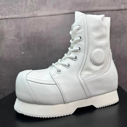 High Street Mens Round Tote High Top Cowhide Genuine Leather Ankle Boots Punk Style Stage Show Shoes Platform Work Safty Shoes