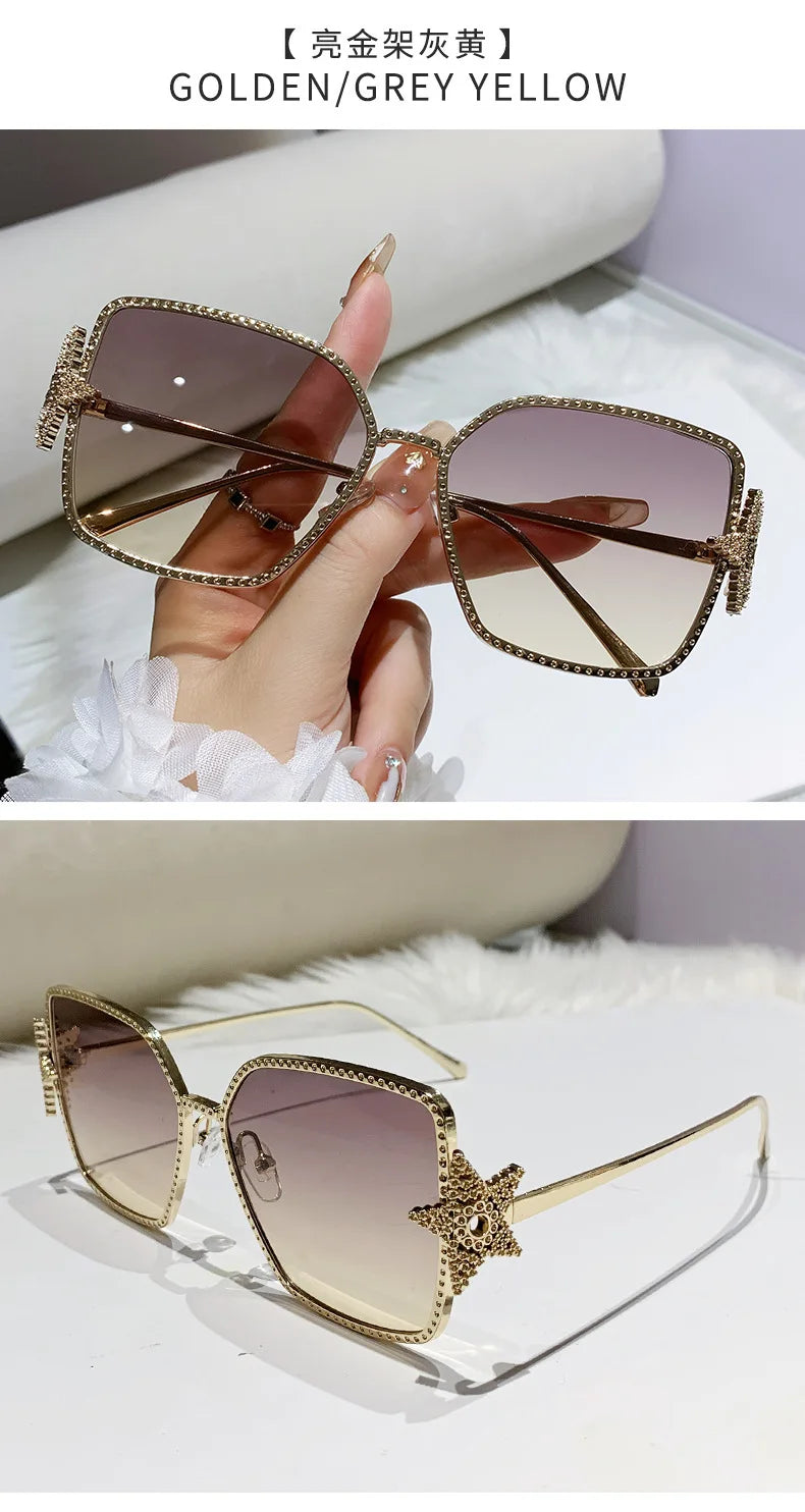 Metal Frame Oversized UV400 Sunglasses Women Men Star Design New Trendy Square Sun Glasses Ladies Vintage Cool Gafas De Sol