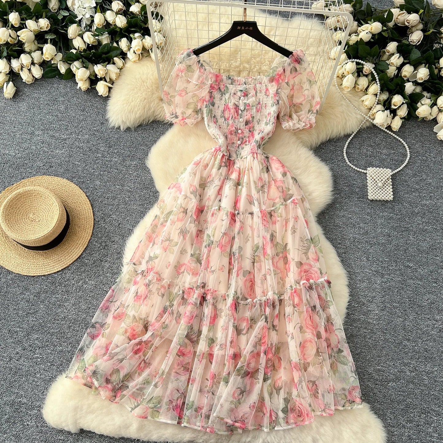 Retro Floral Chiffon Dr Women's Waist Cinched Bubble Sve Me Skirt Tea Break Gentle Soft Sle Korean High Waist A-Lin...