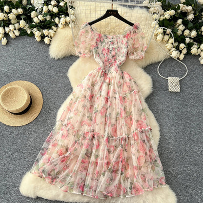 Retro Floral Chiffon Dr Women's Waist Cinched Bubble Sve Me Skirt Tea Break Gentle Soft Sle Korean High Waist A-Lin...