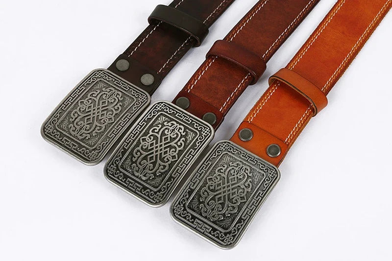 3.8cm Chinese Pattern Cowboy Smooth Buckle Men's Belt Ceinture Homme Yellow Belt Male Wide Jeans Men Genuine Leather Belt