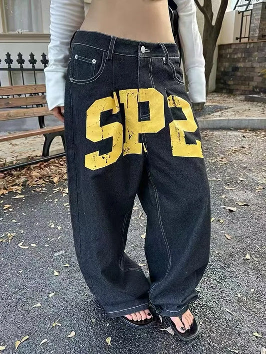 Black Gothic Hip-Hop Letter Printed Streetwear Men And Women Y2k Harajuku 2000s Vintage Fashion Casual Loose Wide-Leg Jeans