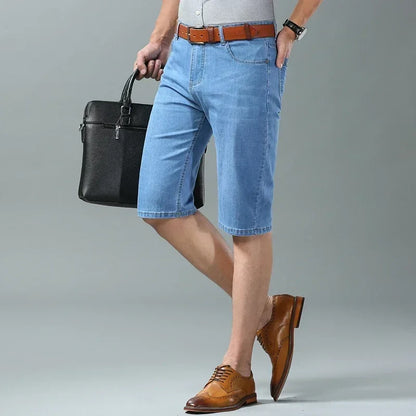 New Summer Men's Denim Shorts Fashion Light Color Casual Loose Multi-pocket Straight Five-minute Pants Elastic Knee Shorts