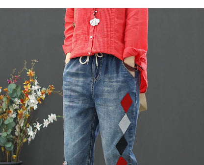 Summer Females Luxury Embroidery Jeans Womens Fashion Vintage Ripped Denim Trousers Loose Holes Elastic Harem Pants
