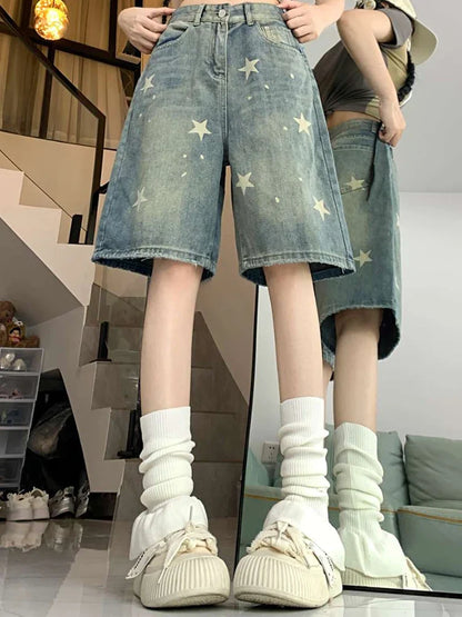 Women High Waist American Retro Washed Wide Leg Jeans Girls Street Do Old Star Loose Denim Pants Female Blue Knee Length Shorts