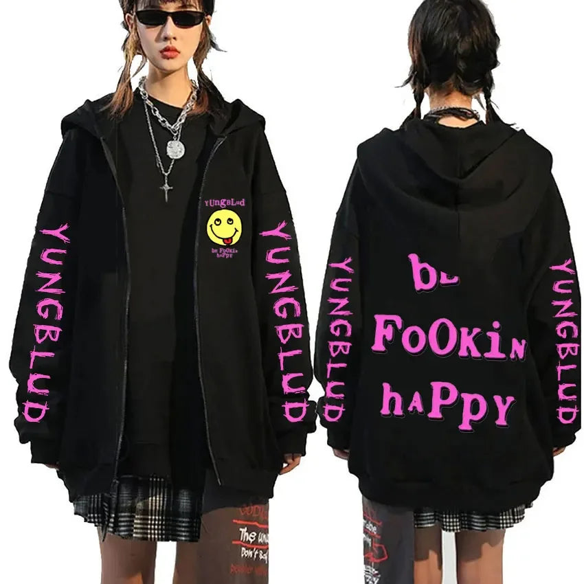 Singer Yungblud Black Hearts Club Zipper Hoodie Male Fleece Cotton Zip Up Hoodies Men Women Rock Vintage Oversized Zip Up Jacket