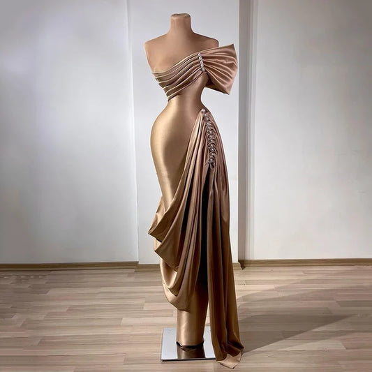 Sexy Mermaid Prom Evening Dresses One Shoulder Pearls Satin Night Party Dress Women Cocktail Prom Gowns Customized