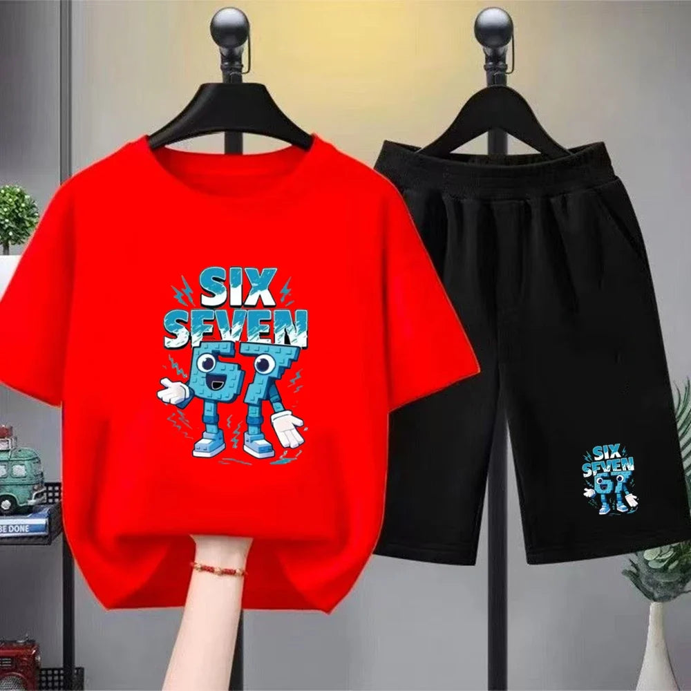67 Children T-shirt 3-12Yrs Summer Six Seven Print Short-sleeved Cute Funny Fashion Boys Girls Toddler Top+Shorts 2PCasual Set