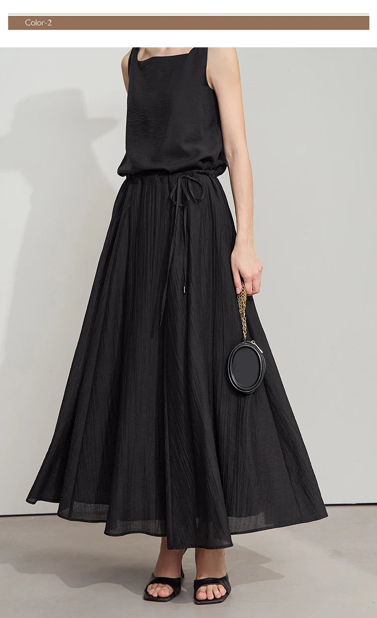 Minimalist New Summer Knee Length A-line Skirt Women Adjustable Drawstring Solid Color Commuting Style Loose Skirt 12522025
