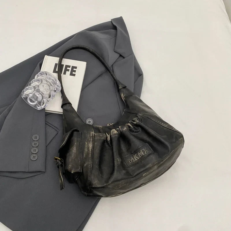 Retro Leather Shoulder Bags for Women 2025 Spring Vintage Underarm Bag Handbags and Purses Latest Fashion Hand Bag