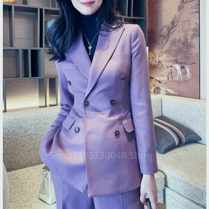 Women Light Purple  2 Piece Tuxedo Suit Blazer Pants with Peak Lapel Slim Fit Formal Party Business Office Outfit Female Clothes