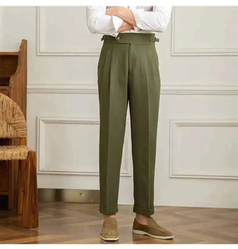 Linen Cotton High Waist Straight Casual Pants Men Versatile Naples Gentleman Pleated Pants High Quality Italian Dress Trousers