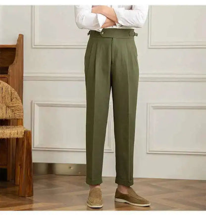 Linen Cotton High Waist Straight Casual Pants Men Versatile Naples Gentleman Pleated Pants High Quality Italian Dress Trousers