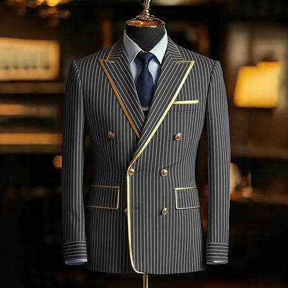 Men's Pinstripe Blazer Double Breasted Slim Fit Peaked Lapel With Gold Trim Formal Suit Jacket  For Groomsman Wedding Prom Hot