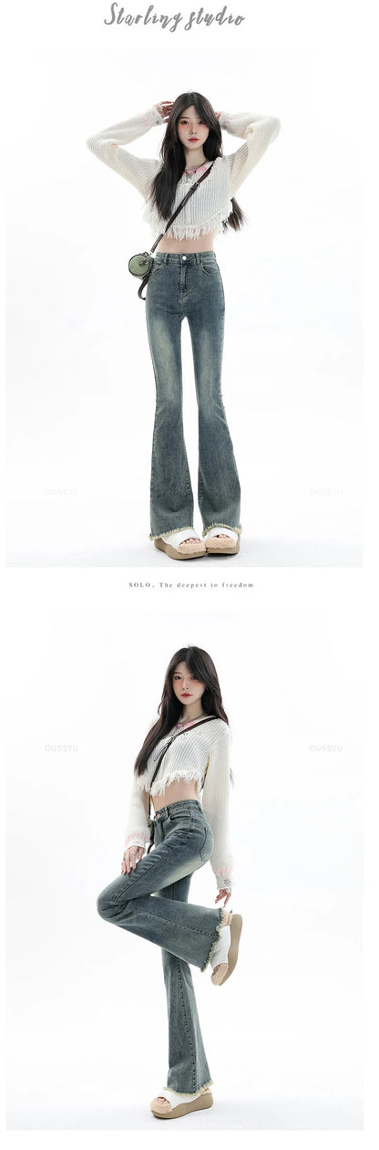 Spring Summer Flared Jeans Women Cotton Vintage Blue Denim Pants Streetwear Elastic High Waist Slim Harajuku Trouser Plus Length