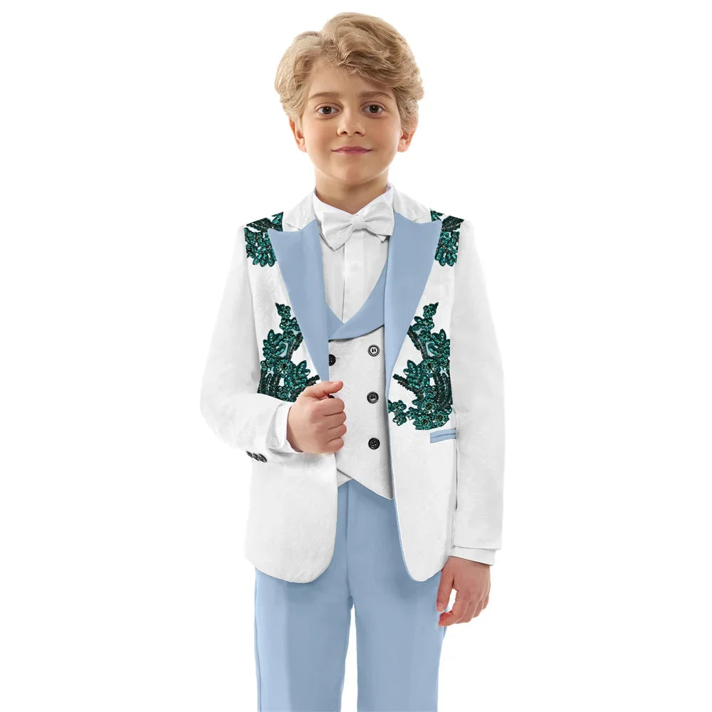 Hot Sale Boys Jacquard Suits 4 Pieces Wedding Ring Bearer Outfit Exquisite Slim Fit Suit Set For Kids School Performance Wear
