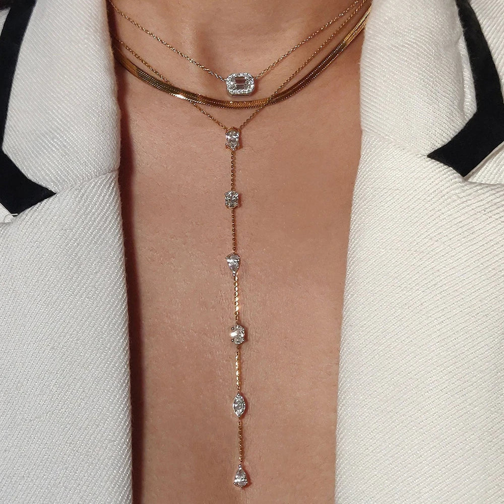 Multi Shape Moissanite Lariat Necklace for Women S925 Silver Bezel Set Pear/Oval Marquise Diamond Long Tassel Drop Necklace