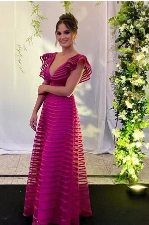 A Line Fuchsia Formal Dresses Pleat Sleeveless Prom Gown for Woman Deep V Neck Wedding Party Dress robe de bal Customized