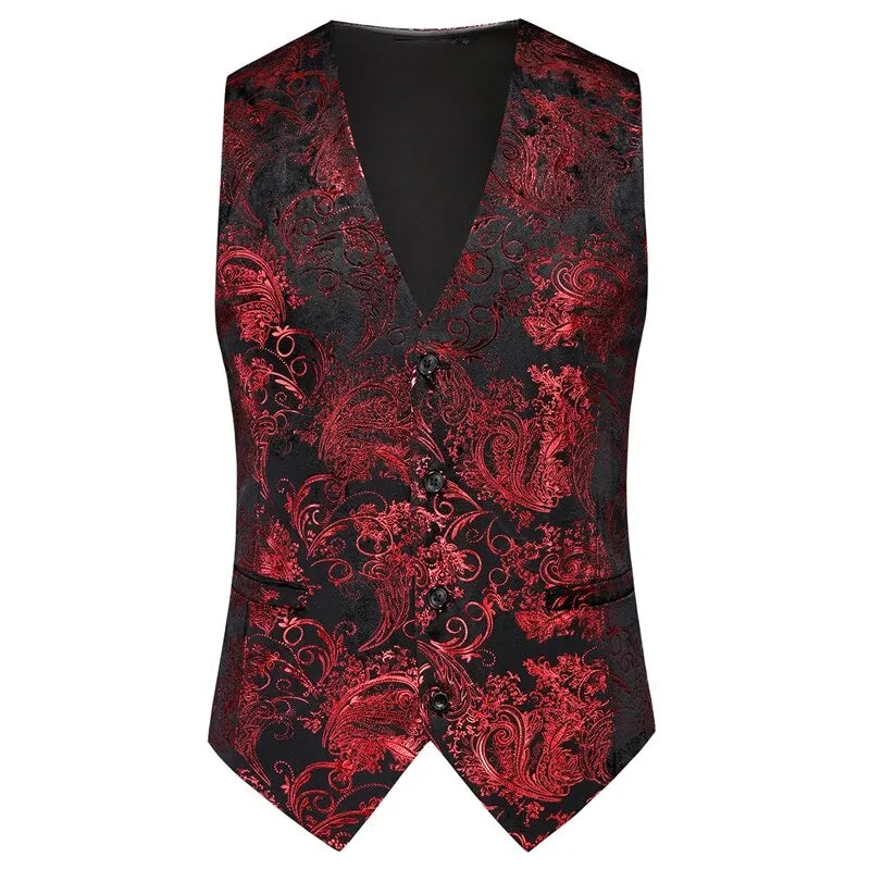 2026 Men's Red Sleeveless Suit Vest, Korean Slim Hot Stamping Printed Vests, Silver Blue Beige Waistcoat, Asian Size M-6XL